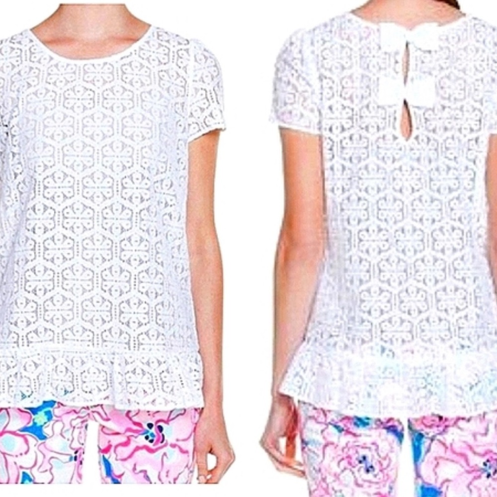 Lilly Pulitzer "Darla Top" medium White Lace Short Sleeve Blouse Peplum